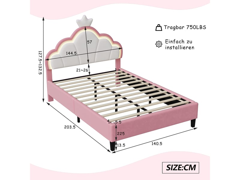  Lit enfant 140x200cm - lit double 140x200 avec tête de lit couronne lumineuse led - rembourré en velours - rose et blanc  - Conforama E
