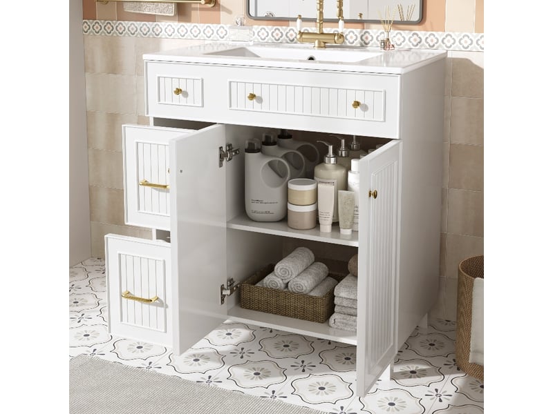  Meuble salle de bain avec lavabo 81.7 cm blanc - meuble sous vasque sur pied en mdf laqué et céramique  - Conforama D