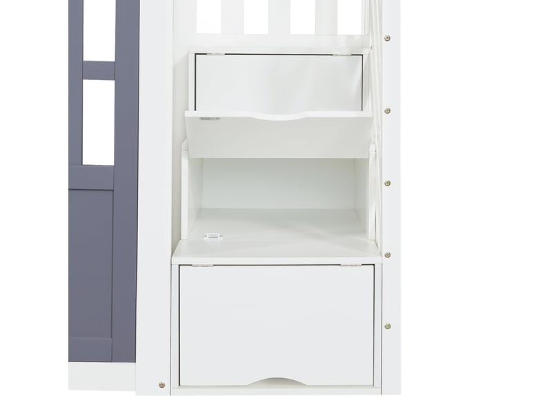  Lit mezzanine enfant 90 × 200 cm 1 place avec escalier de rangement et fenêtres ouvrantes, sans matelas, blanc bleu  - Conforama E