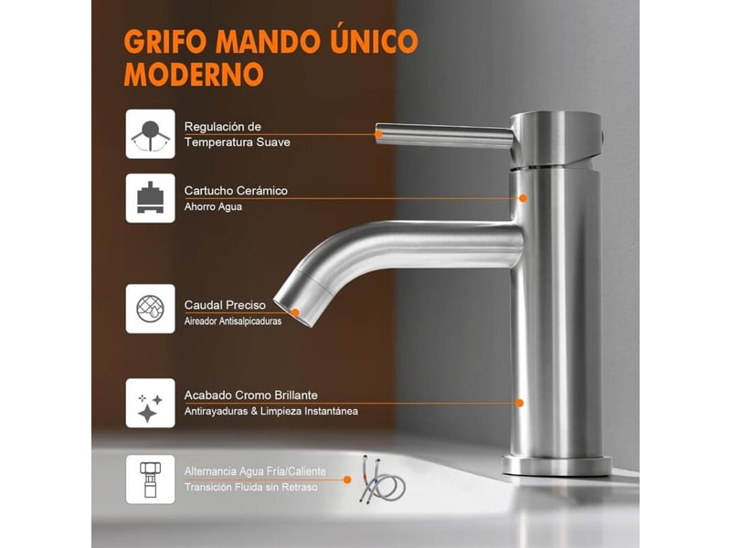  Robinet lavabo salle de bain moderne, mitigeur monocommande en acier inoxydable, cartouche céramique silencieuse, eau chaudefroide  - Conforama C
