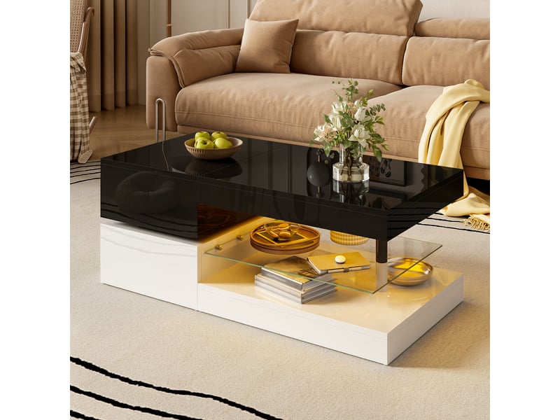 Table basse 90x45x35,5 cm avec led par application, niche et tablette en verre, panneaux de particules brillants, noir et blanc ABC - Conforama B