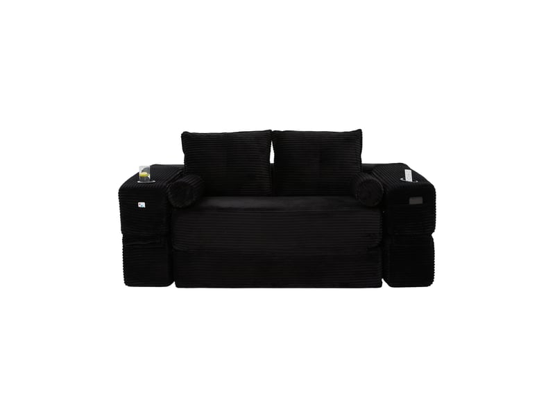  Canapé droit convertible 2 places en velours côtelé noir, avec poches latérales et porte-gobelet intégré  - Conforama A