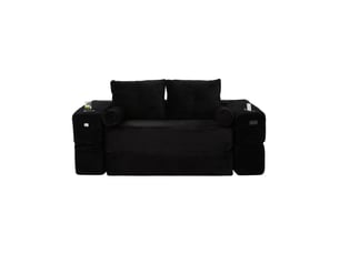 Canapé droit convertible 2 places en velours côtelé noir, avec poches latérales et porte-gobelet intégré