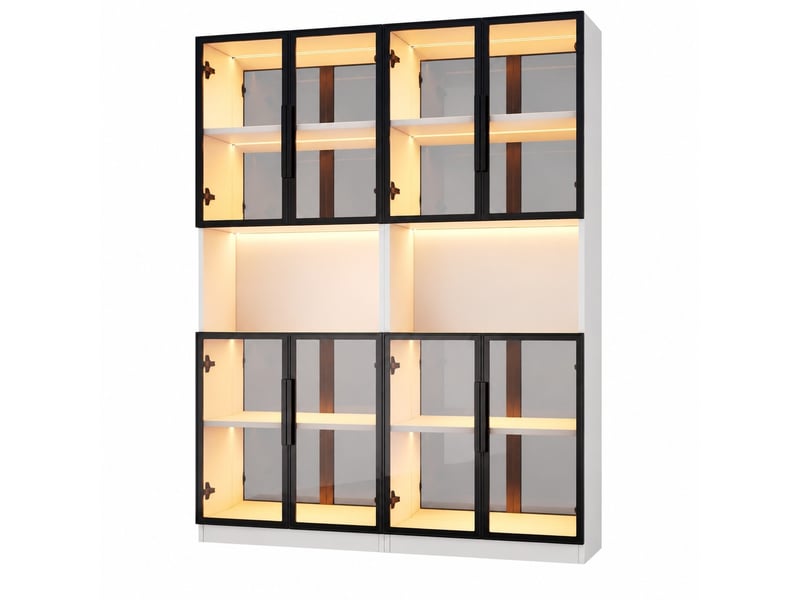  Vitrine 2 pièces 140 x 30 x 170 cm – blanche – portes en verre gris, led et fond miroir de rangement  - Conforama D