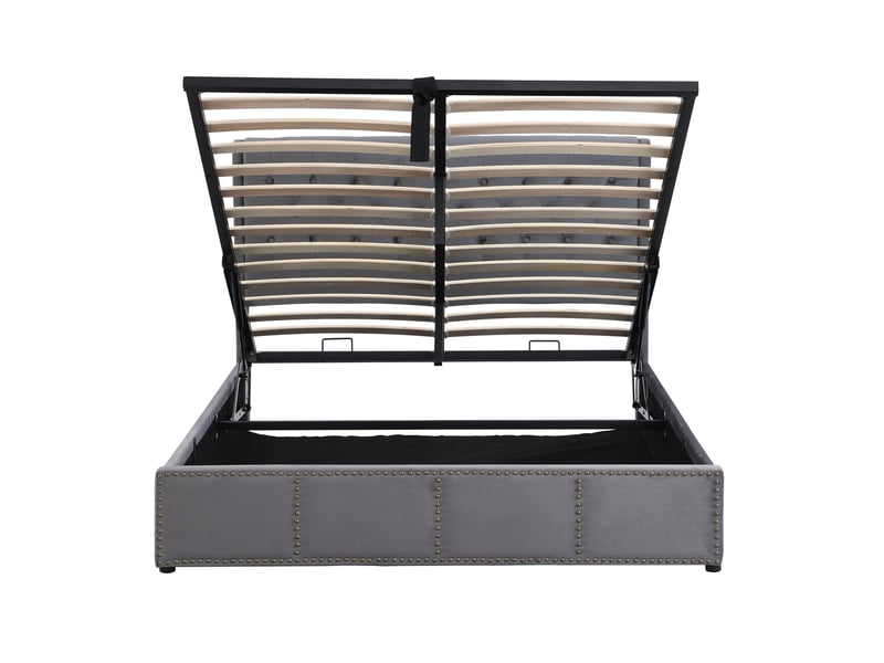  Lit coffre 140x190 cm avec levier hydraulique, rangement, velours gris, sommier inclus, sans matelas  - Conforama D
