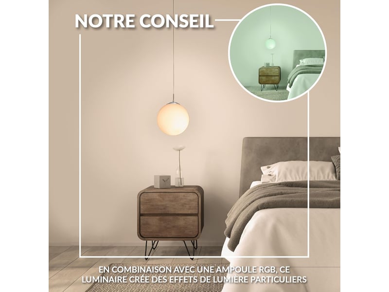  Suspension luminaire lustre suspendu en acier nickel-mat boule en verre ø 20 cm  - Conforama C