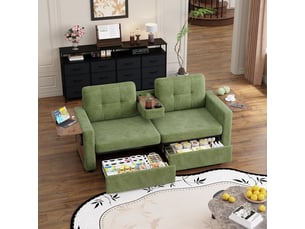 Fauteuil 2 places - 178x71x57.5 cm - canapé en tissu chenille avec table pour ordinateur, tiroirs et porte-gobelets - vert