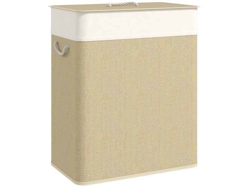  Panier à linge en bambou 100 l avec couvercle, 2 compartiments, poignées en corde et sac amovible  - Conforama A