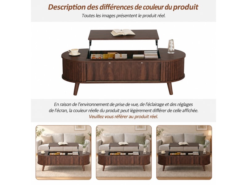  Table basse relevable 120 x 50 cm noyer en mdf, hauteur 39,5 à 53,5 cm, rangement caché et 4 pieds en bois  - Conforama E
