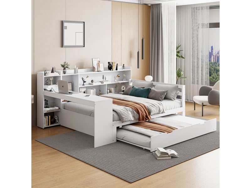  Sofa-lit en bois massif 140*200 cm blanc avec bureau, bibliothèques, prises et lit d'appoint  - Conforama C