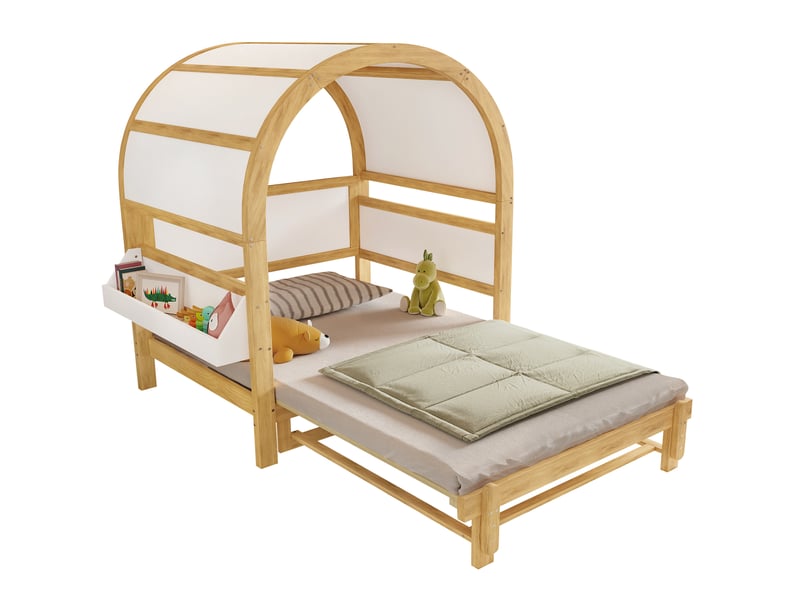  Modenvie lit cabane enfant 140x200 cm - lit gigogne, tablette laterale, sommier inclus - blanc et naturel  - Conforama A