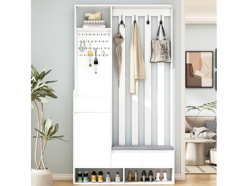  Meubles d'entrée avec banc rembourré, tiroir, niches, placard, panneau perforé et 4 crochets, blanc, 100 × 35 × 180 cm  - Conforama C