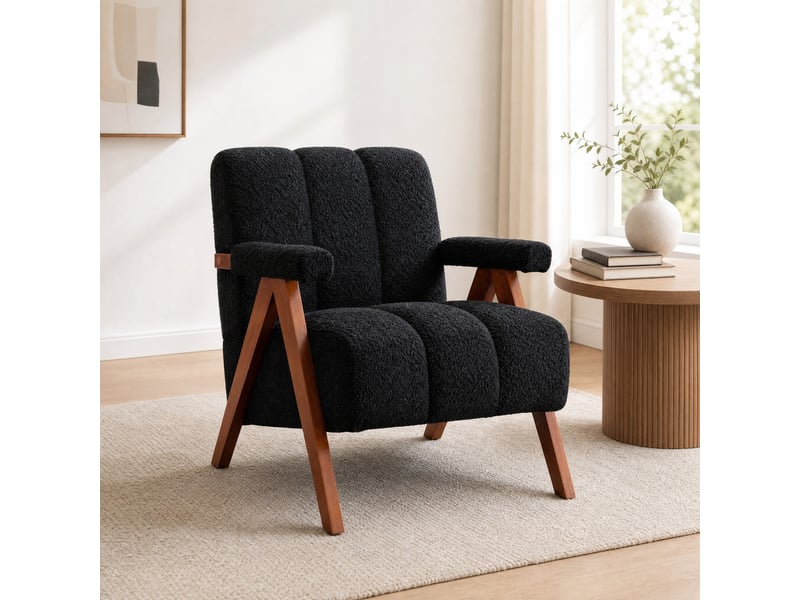  Fauteuil d'appoint avec accoudoirs, assise rembourrée et dossier segmenté, en chêne massif, noir  - Conforama C