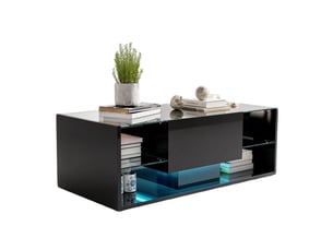 Table basse – verre laqué noir – rangement led – apptélécommande – plateau en verre trempé – design moderne