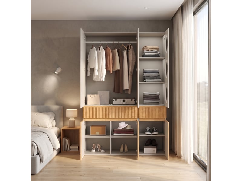  Armoire tcqpz 135 x 50 x 200 cm 6 portes 2 tiroirs penderie mdf et panneaux de particules gris et chêne clair  - Conforama D
