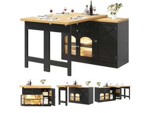 Îlot de cuisine extensible 120–194 x 40 x 73,5 cm avec plateau pivotant 360°, portes en verre et 2 tiroirs, noir