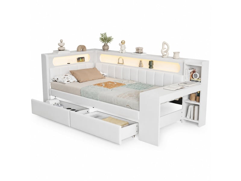  Lit banquette 90x200 cm avec bureau, led, usb et 2 tiroirs blanc  - Conforama A