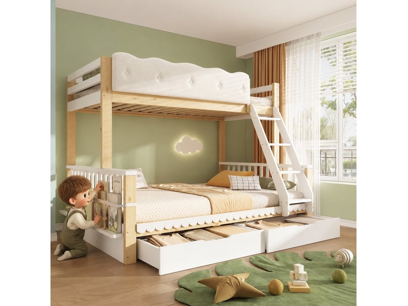 Lit superposé enfant 90x200 et 140x200 cm avec tiroirs et porte-revues, blanc chêne - Conforama E