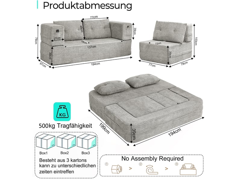 Canapé modulaire convertible avec assise en mousse mémoire et poches latérales en tissu gris clair  - Conforama D