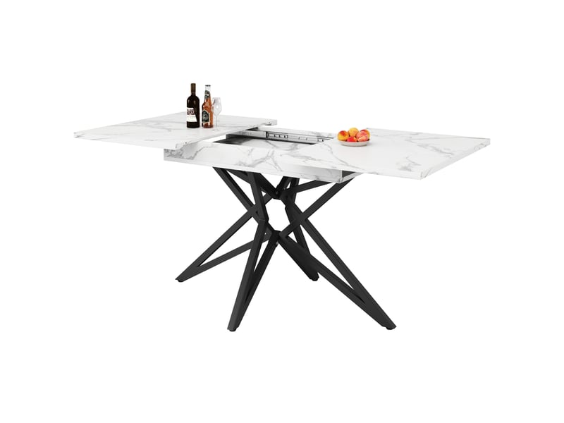  Table à manger extensible 120-160x80x76 cm, plateau effet marbre mdf, blanc, pieds étoile en métal, noir  - Conforama A