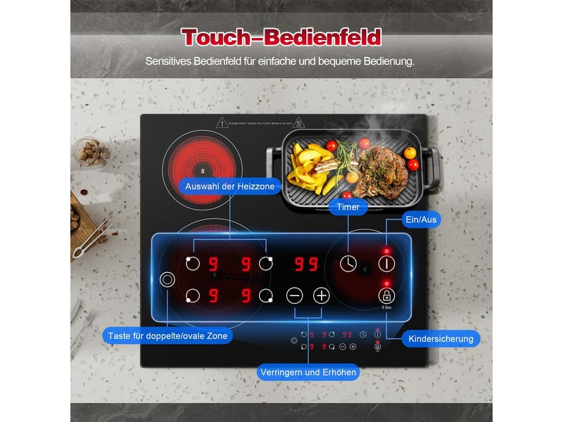  Plaque de cuisson vitrocéramique 4 foyers, table électrique encastrable 60 cm, 6600 w, zones double et ovale, tactile  - Conforama D