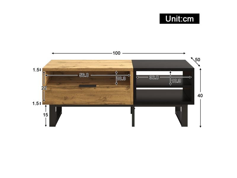  Table basse, table de salon avec structure color block, avec compartiments et tiroirs, pieds en métal.  - Conforama C