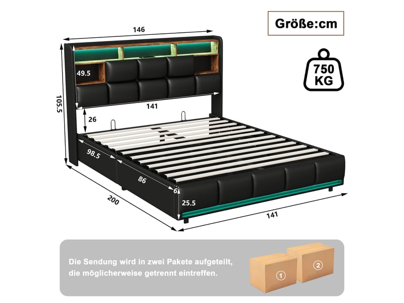  Lit coffre 140x190 avec rangement, lit 2 places avec led et ports usb lit hydraulique avec tête de lit capitonné lit double rembourré avec sommier à lattes lit 2 personnes noir pu, sans matelas  - Conforama C
