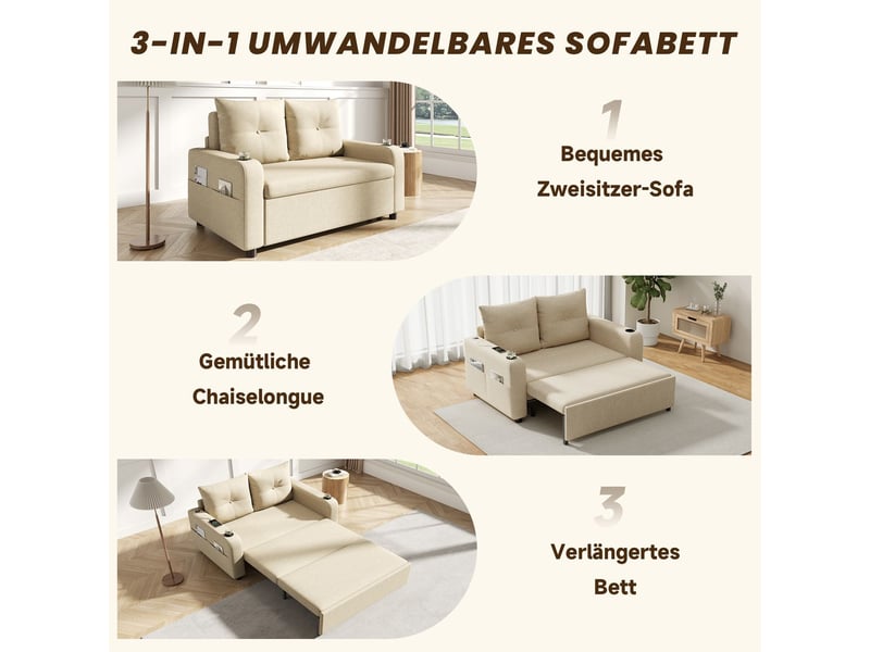  Canapé-lit fonction sommeil couchage d'appoint format 3-en-1 canapé extensible porte-gobelet poches latérales coussins inclus port usb coloris beige  - Conforama B