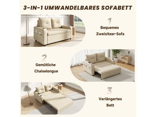 Canapé-lit fonction sommeil couchage d'appoint format 3-en-1 canapé extensible porte-gobelet poches latérales coussins inclus port usb coloris beige