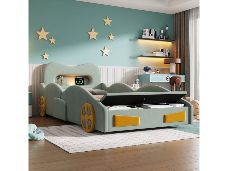  Lit rembourré pour enfants 90x200cm - design automobile - avec liseuses, ports de charge et espaces de rangement - tissu velours - vert (sans matelas)  - Conforama E