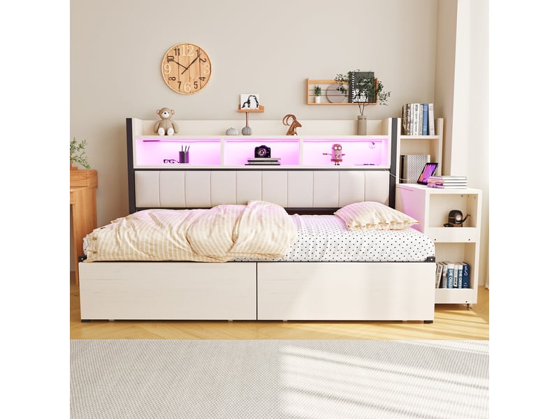  Canapé-lit 90x200 cm avec prise et éclairage led, lit simple avec grand tiroir et bureau coulissant, lit 1 personne, blanc  - Conforama C