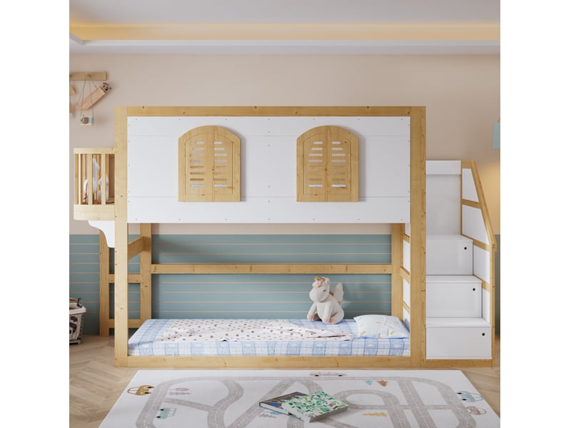  Lit mezzanine 90x200 cm avec armoire d’escalier, espace de jeu et fenêtres, bois, blanc et nature, sans matelas  - Conforama B
