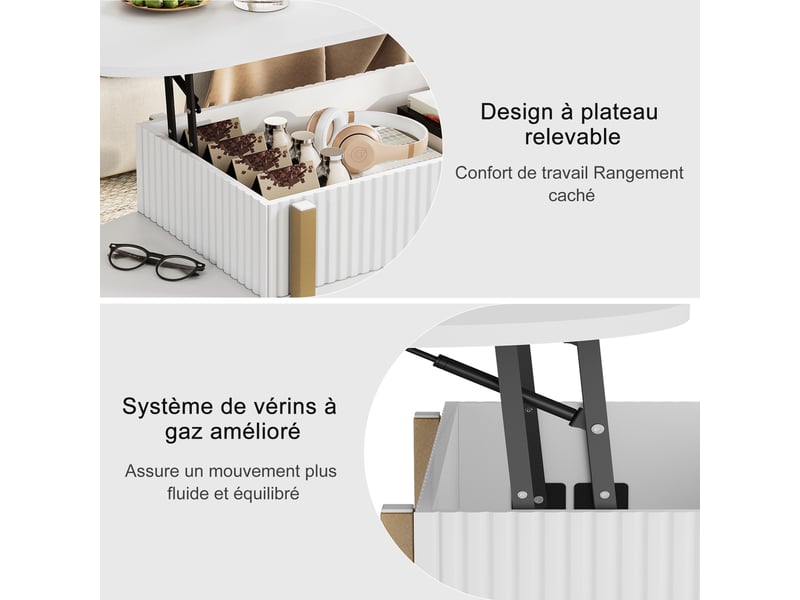  Table basse relevable 106x45x50-63 cm avec rangement multicouche, table de salon et d’appoint, pour salon, métal blanc  - Conforama E