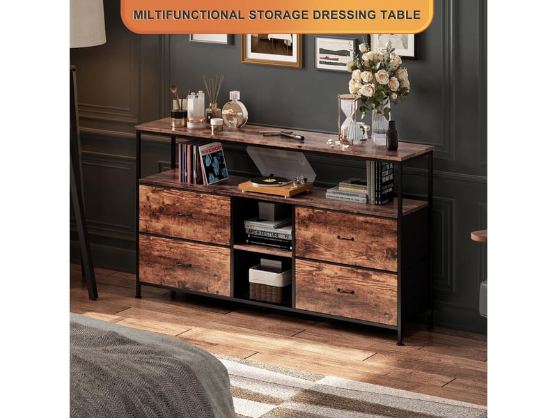  Meuble tv led 108x30x78cm - multifonctionnel - 4 tiroirs en tissu marron et étagères ouvertes - combinaison rétro et modernes  - Conforama C