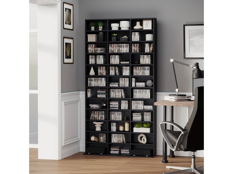  Meuble cddvd 36 compartiments, étagères réglables, capacité 1116 cd528 dvd, 102 x 23,5 x 195 cm, noir  - Conforama C