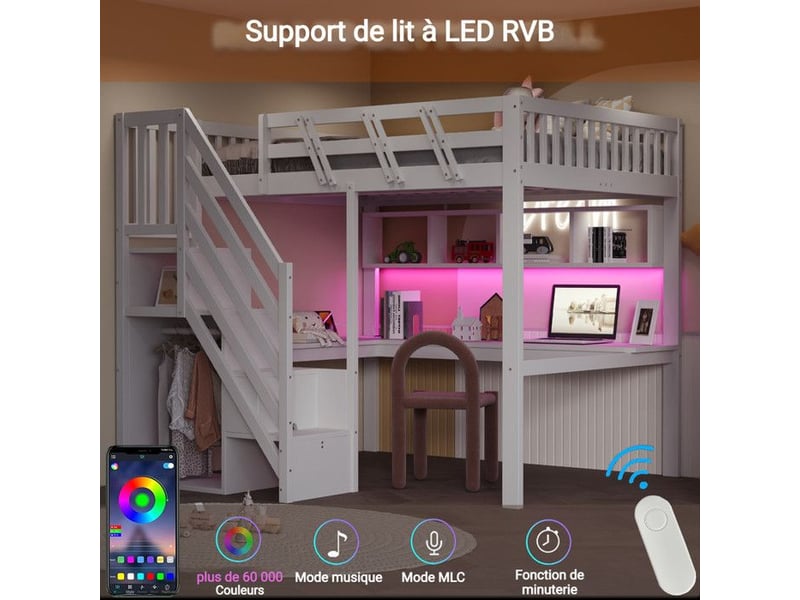  Lit mezzanine en bois massif - 140x200 cm - blanc - escalier avec rangement - bureau intégré - éclairage led 205x193.5x170cm - Conforama C