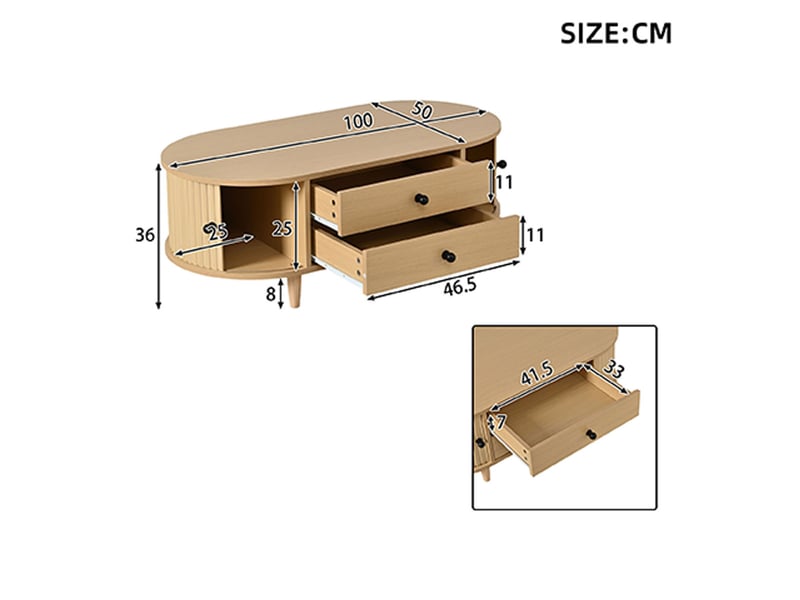  Table basse ovale 100x50x36 cm bois clair, portes tambour, 2 tiroirs et pieds en bois massif Fay Lum - Conforama C