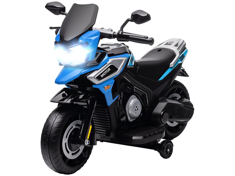  Moto électrique pour enfants avec roues, rétroviseurs et repose-pieds, en polypropylène et métal, 85,5 x 44,5 x 56 cm, bleue  - Conforama B