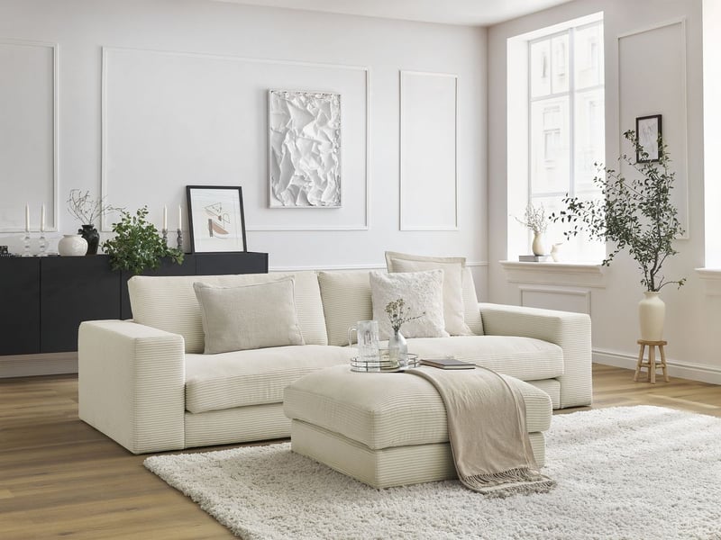  Bobochic canapé droit fixe 3 places leonard velours côtelé avec pouf beige LEONARD - Conforama B