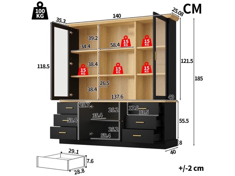  Buffet haut de cuisine 140x40x185 cm, 6 grands tiroirs, portes vitrées, étagères réglables, niches ouvertes, façade rainurée, noir et effet bois  - Conforama D