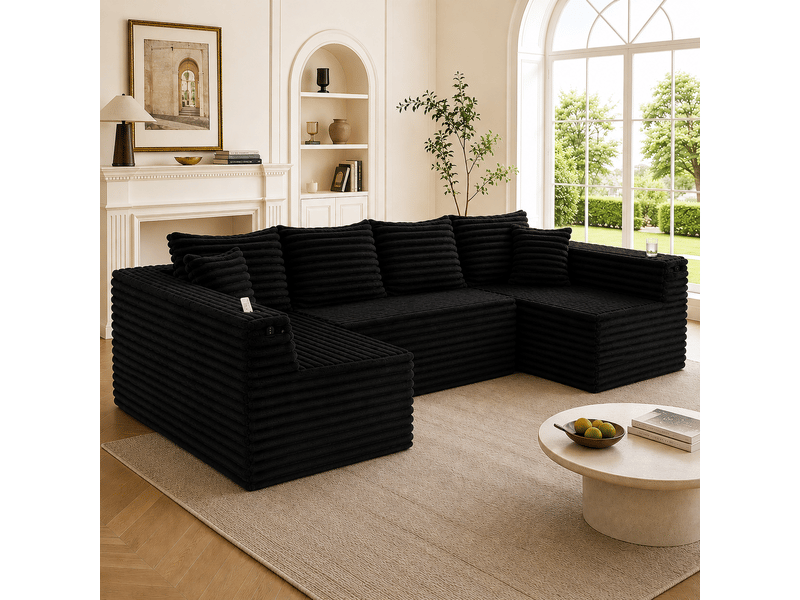  Canapé en u 5 places en velours côtelé noir avec porte-gobelets et poches latérales intégrées  - Conforama B