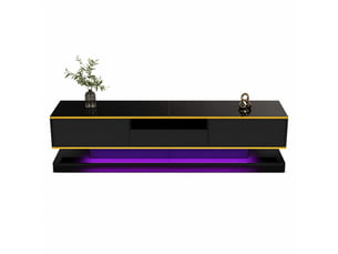 Meuble tv avec 3 tiroirs, led multicolore et finition laquée pour salon, en panneau de particules, noir et or, 180×38×45 cm