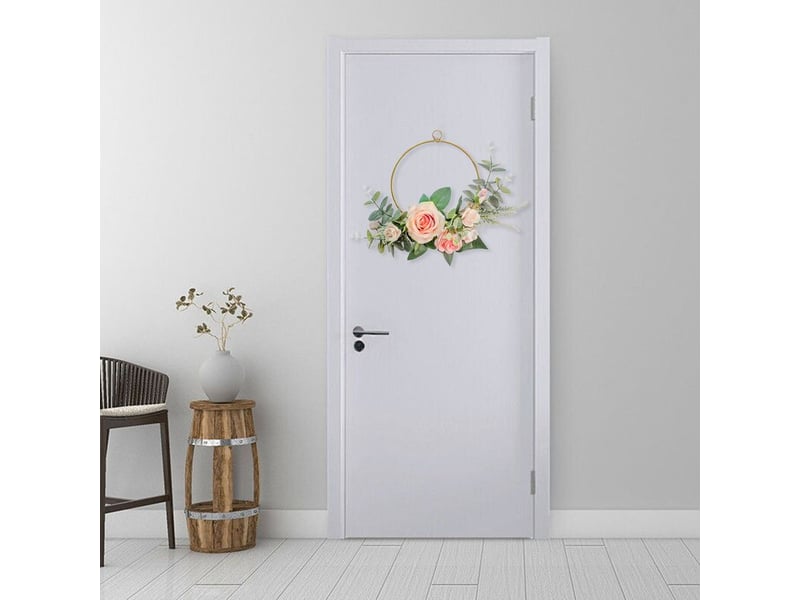  Couronne de fleurs artificielles en forme de cercle, avec cadre géométrique en métal, à fixer au mur. Décoration murale pour la maison.  - Conforama E