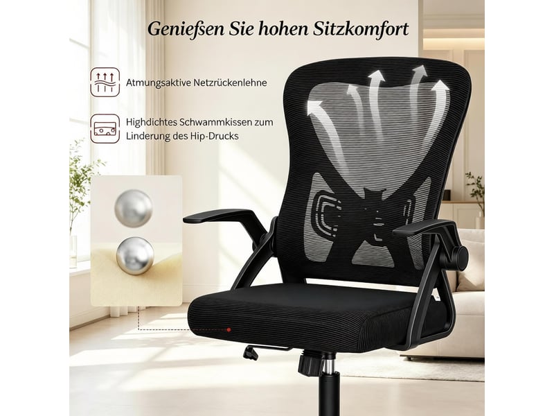  Chaise de bureau ergonomique réglable et inclinable - lpospi - accoudoirs rabattables, maille noire, 47×42×102-111,5 cm  - Conforama E