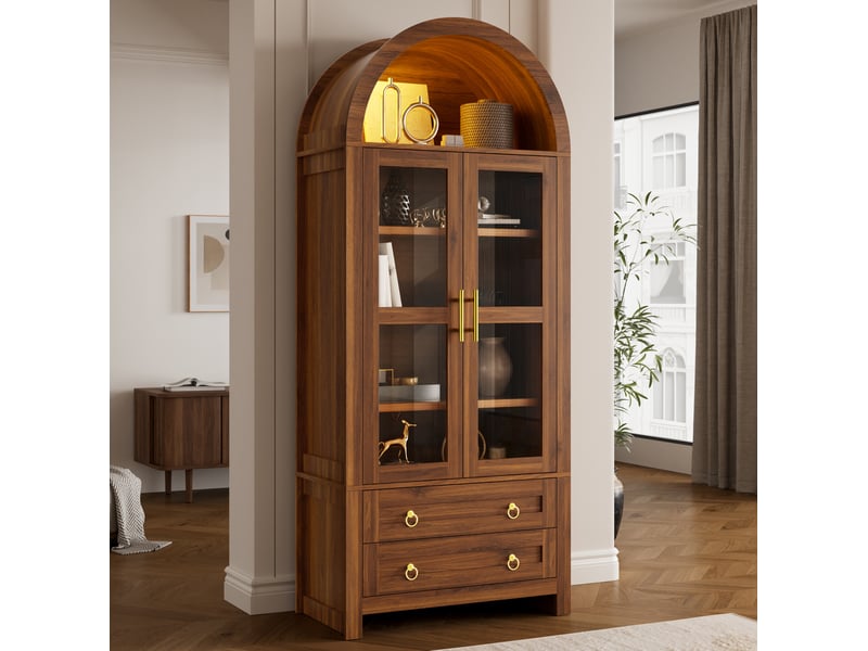 Buffet avec led 76x40x180 cm, 2 portes en verre trempé et 2 tiroirs, design rétro, mdf et panneau de particules, marron - Conforama D