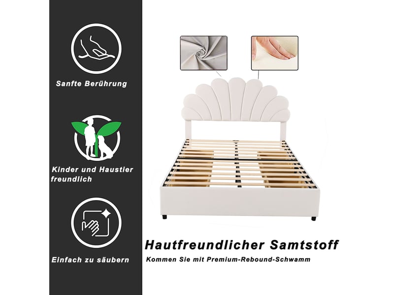 Lit enfant 140x200 cm, tiroirs, espace de rangement, tête de lit réglable, sommier, velours beige, sans matelas - Conforama D