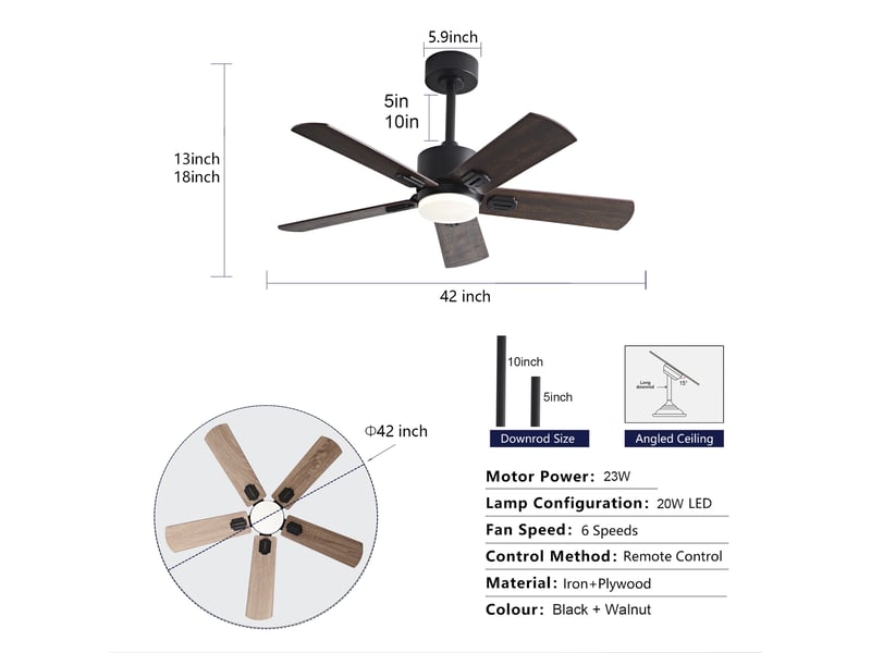  Ventilateur de plafond avec led télécommande 5 pales 6 vitesses d107 cm W5766P467510 - Conforama C