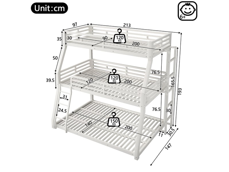  Lit superposé triple 90x200 120x200 140x200 cm, 3 couchages, 2 échelles, garde-corpsmétal blanc, sans matelas  - Conforama C