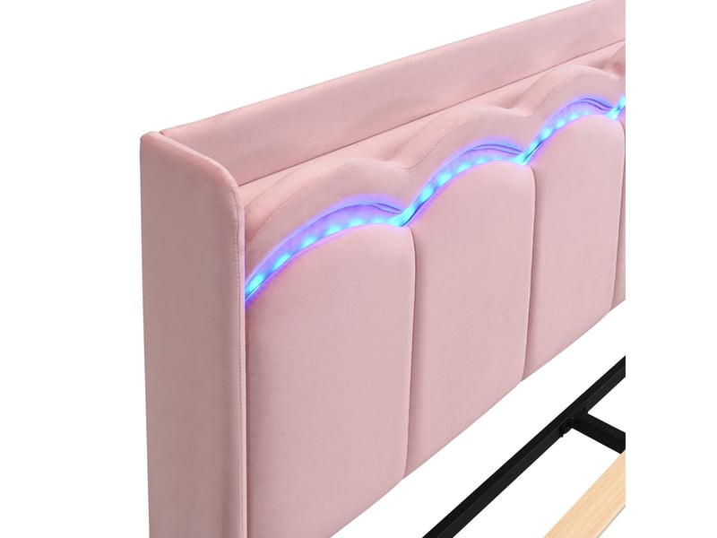  Lit enfant 140x200 cm avec led, étagère et 2 tiroirs, en velours rose, sans matelas  - Conforama R