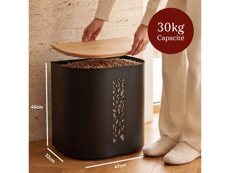  Casabel réservoir pellets &amp; granulés avec roulettes, cap. 30kg, métal noir, couvercle bambou, pour poêle à granulés  - Conforama B